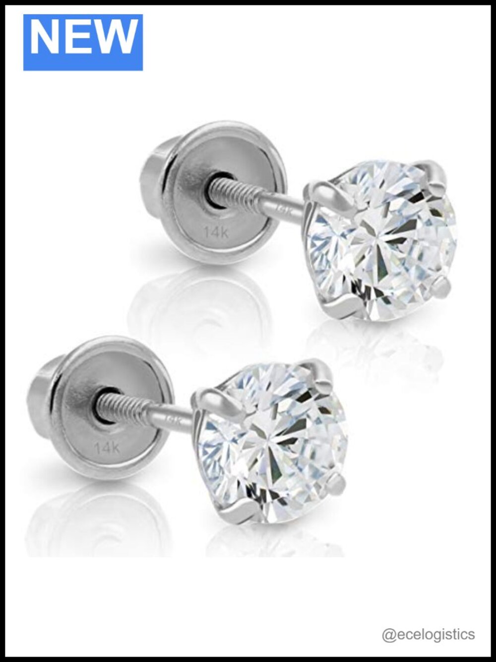 14k White Gold Cubic Zirconia Solitaire Stud Earrings Screw Back 5mm